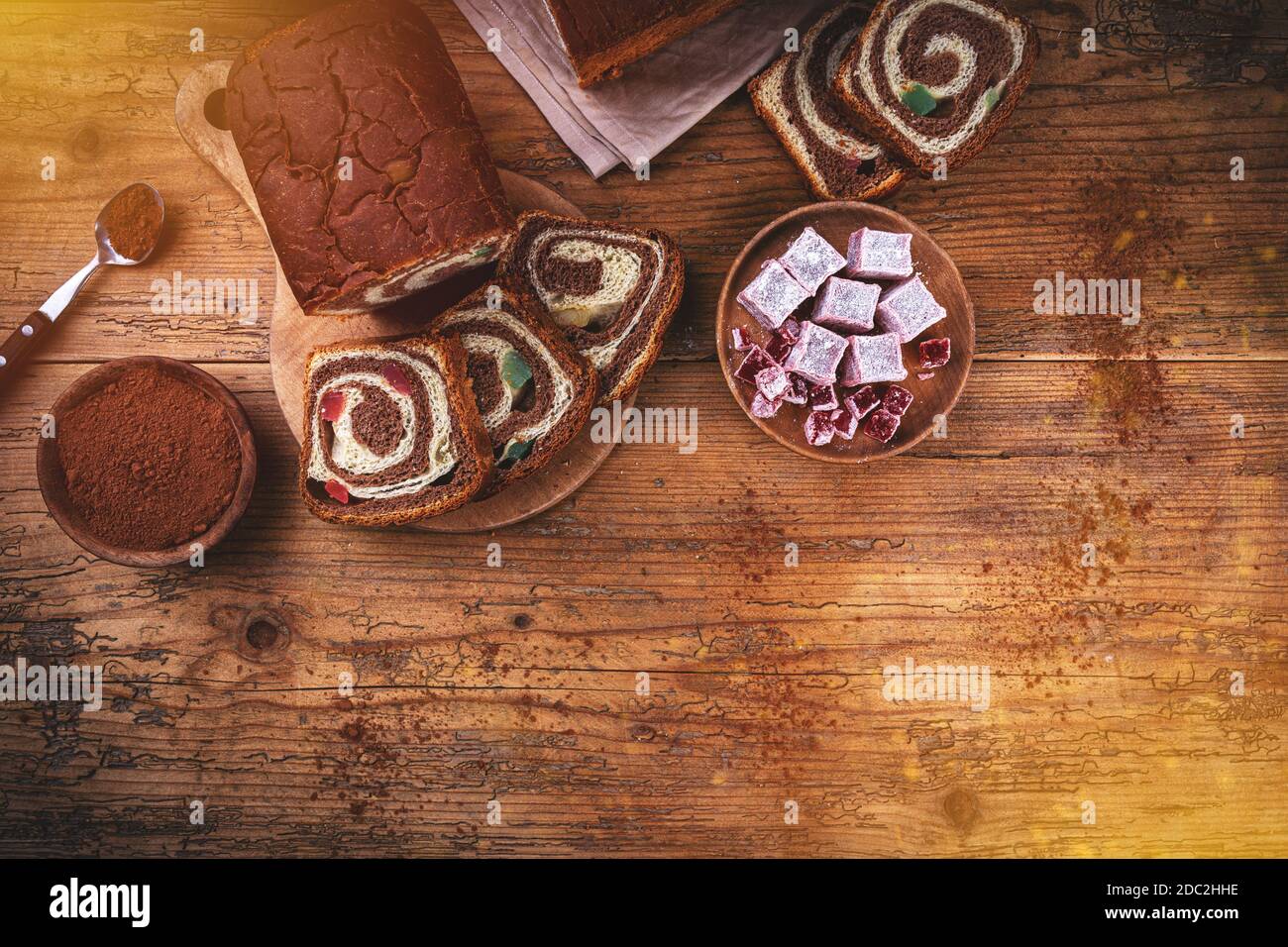 Flat lay of swirl brioche with cocoa and lokum with space for your text Stock Photo