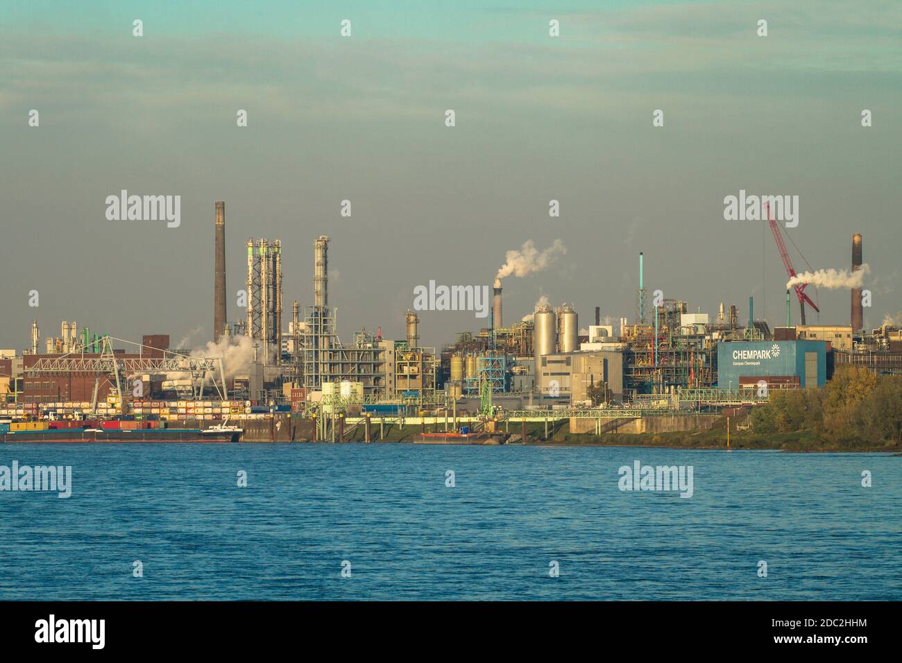 view to the Chempark, former known as the Bayer factory, river Rhine, Leverkusen, North Rhine-Westphalia, Germany.   Blick zum Chempark, frueher Bayer Stock Photo