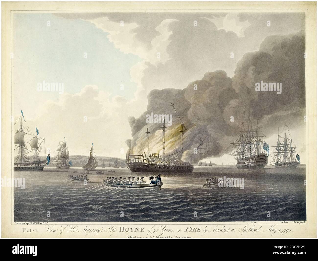 HMS Boyne accidentally burnt at Spithead, 1st May 1795, print by John William Edye after TM Waller, 1797 Stock Photo