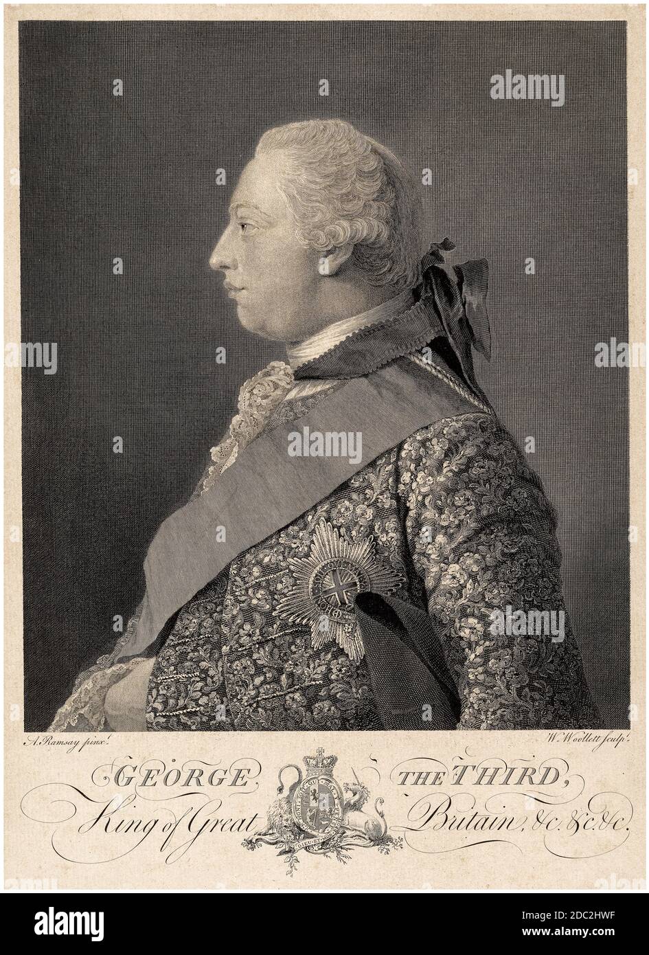 King George III of Great Britain (1738-1820), later King George III of the United Kingdom, profile portrait engraving by William Woollett after Allan Ramsay, 1763-1764 Stock Photo