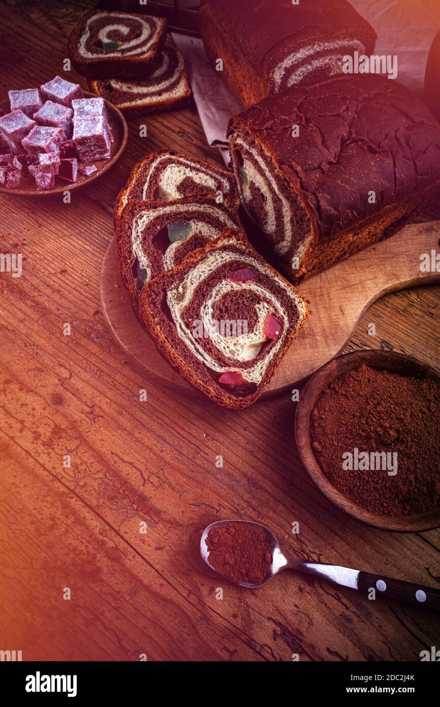 Slices of freshly baked sourdough sweet swirl bread with cocoa and lokum Stock Photo