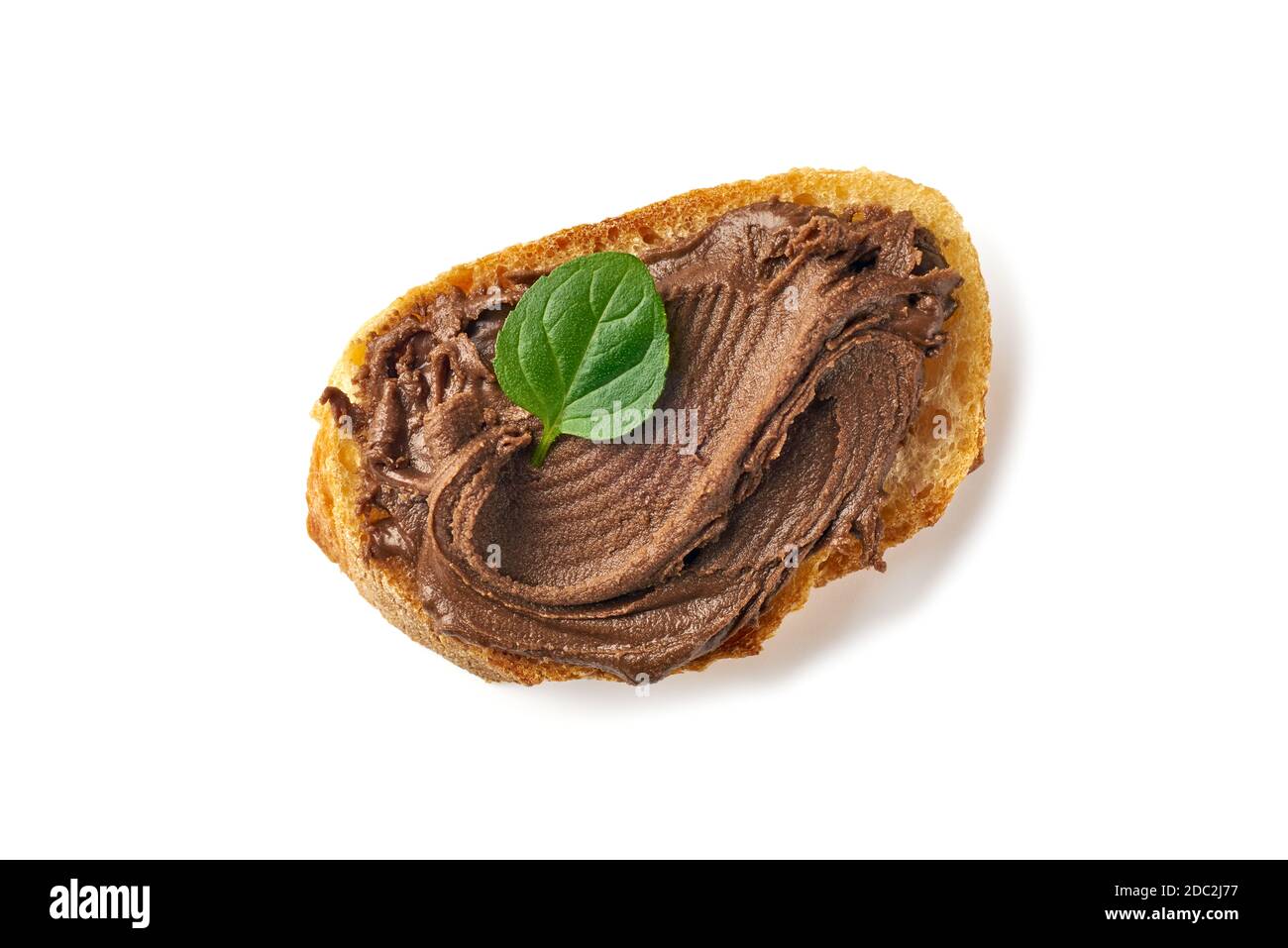 Slice of bread with chocolate paste on white Stock Photo