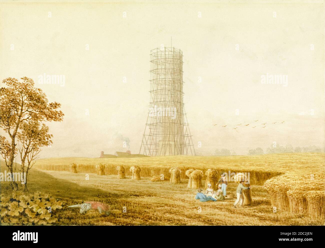 Bonaparte's Column in Scaffolding at Boulogne, France, with Harvesters in a Field, landscape painting by Thomas Hosmer Shepherd, 1818 Stock Photo