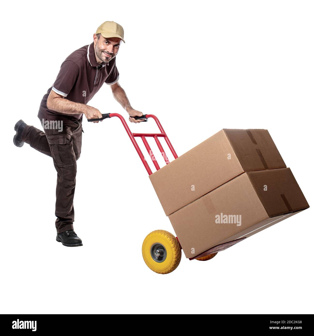 delivery man con handtruck isolated on white background Stock Photo