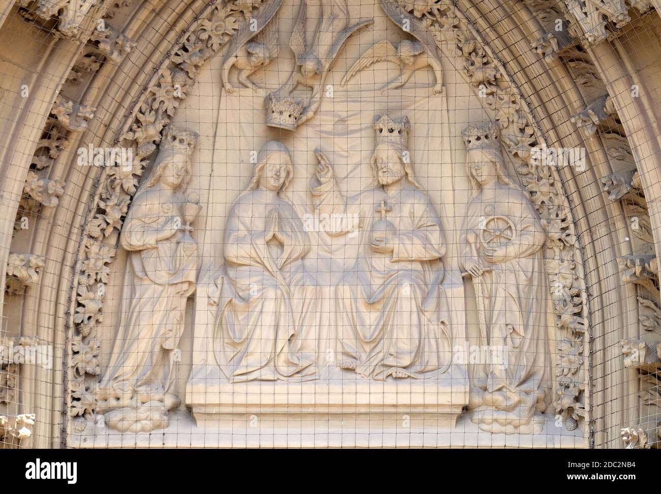 The tympanum shows the Coronation of the Virgin portal of the Marienkapelle in Wurzburg, Bavaria, Germany Stock Photo
