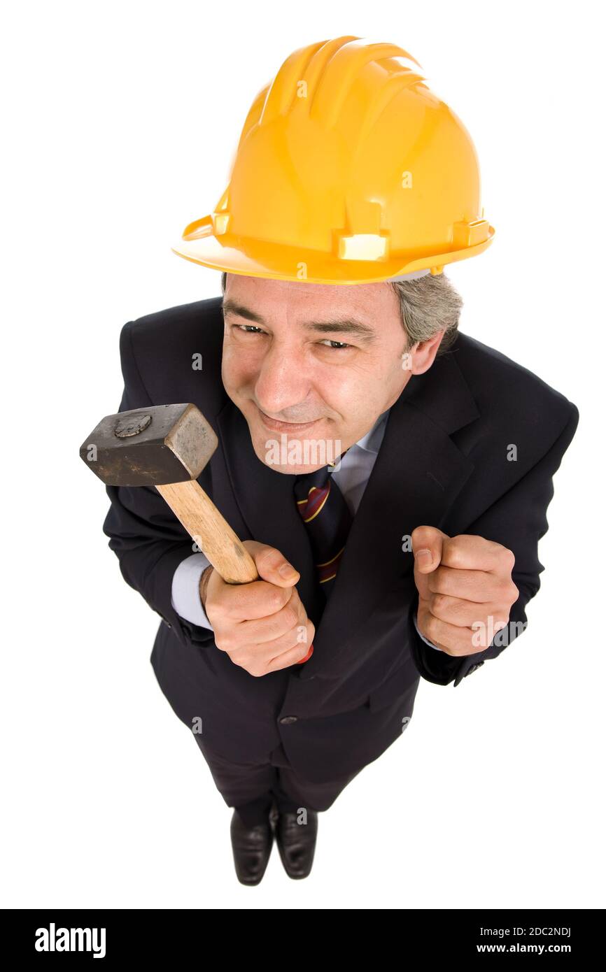 engineer holding a hammer, isolated on white Stock Photo Alamy