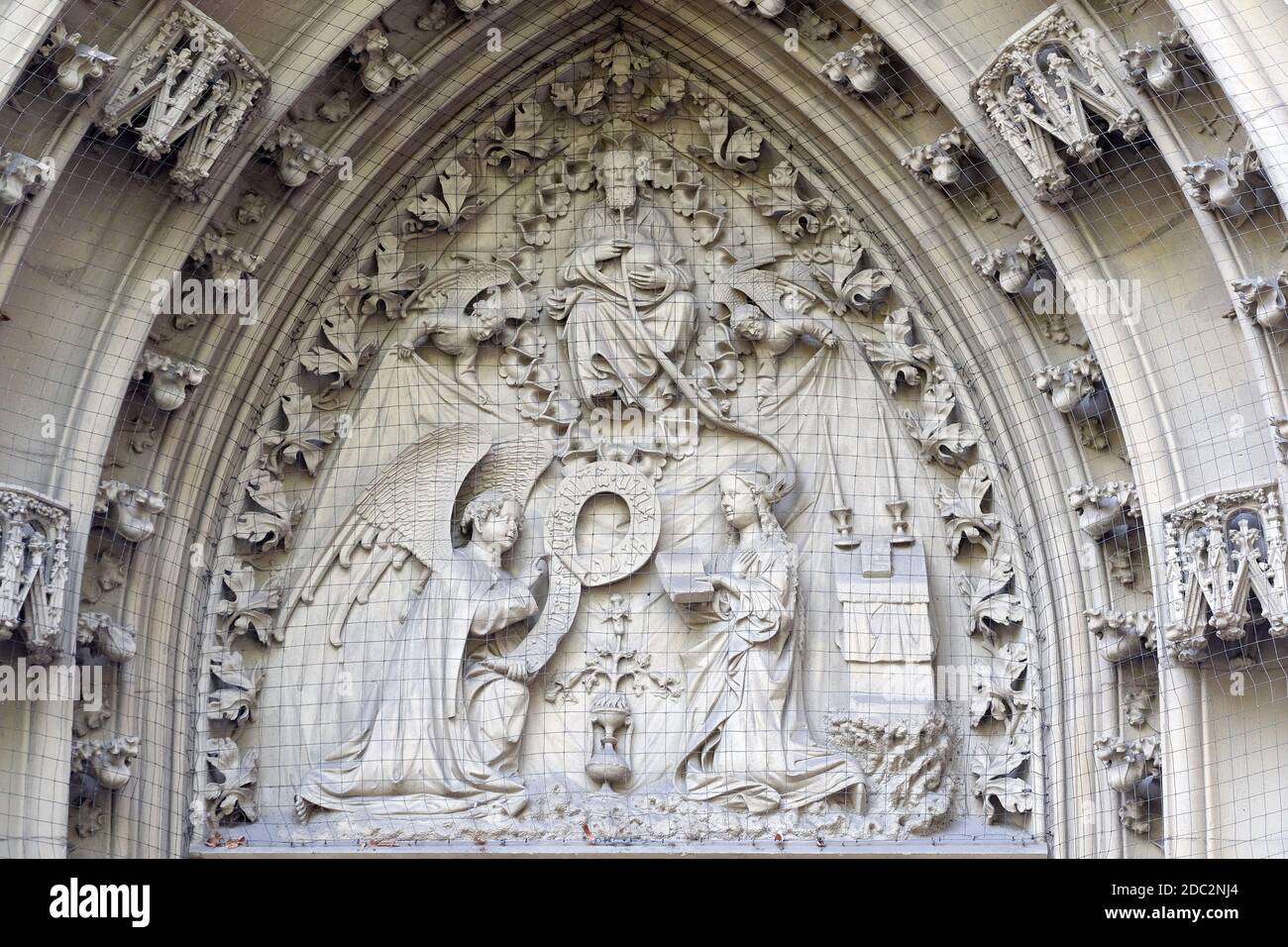 The tympanum shows the Annunciation to Mary, portal of the Marienkapelle in Wurzburg, Bavaria, Germany Stock Photo