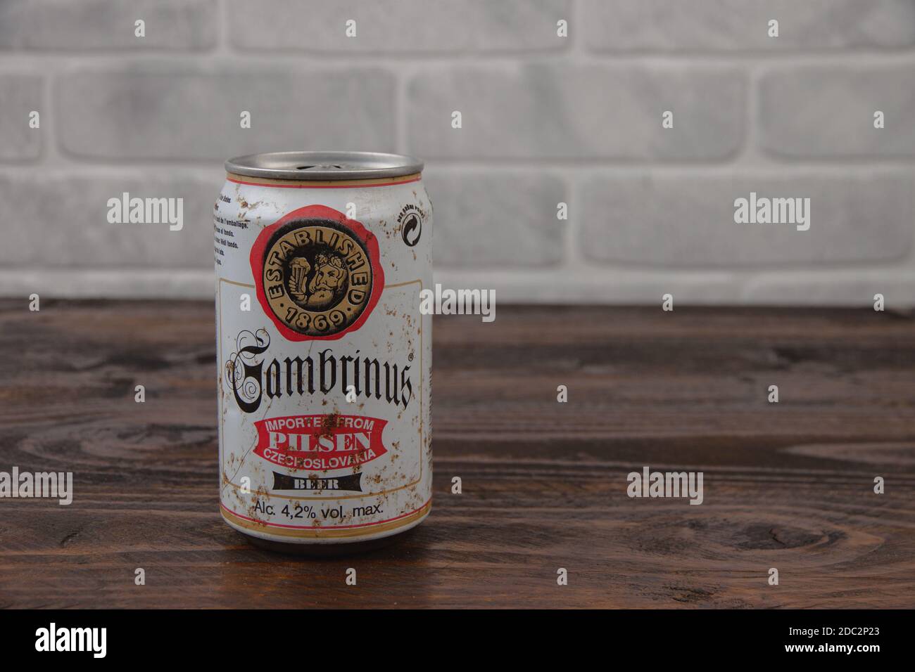 An old aluminium can of Gambrinus Czech Republic beer against the brick wall Stock Photo