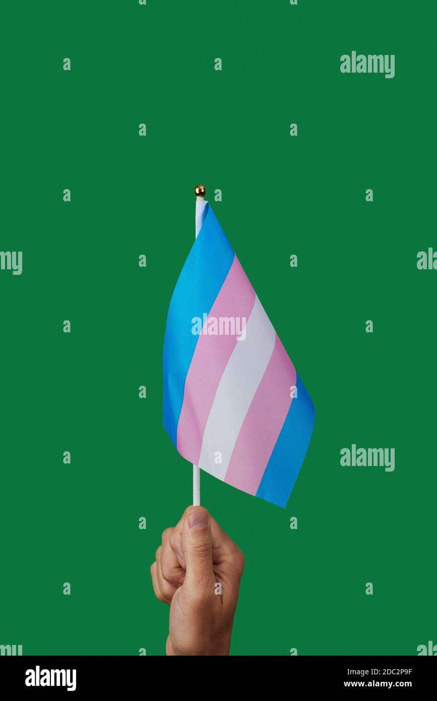 closeup of a young caucasian person waving a transgender pride flag on a green background, with some blank space on top Stock Photo