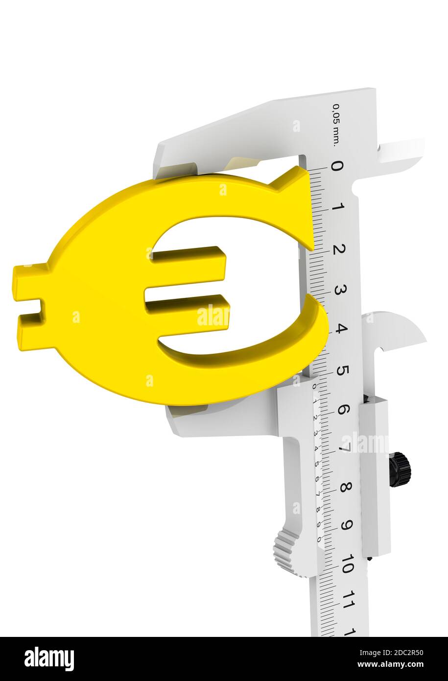 Caliper measures the golden symbol of the European currency - euro. Financial concept. Isolated. 3D Illustration Stock Photo