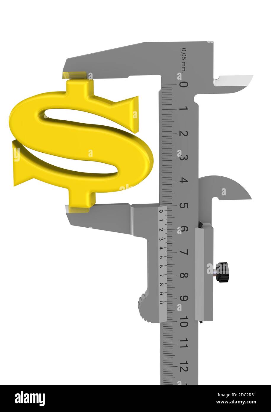 Caliper measures the golden symbol of the American dollar. Financial concept. Isolated. 3D Illustration Stock Photo