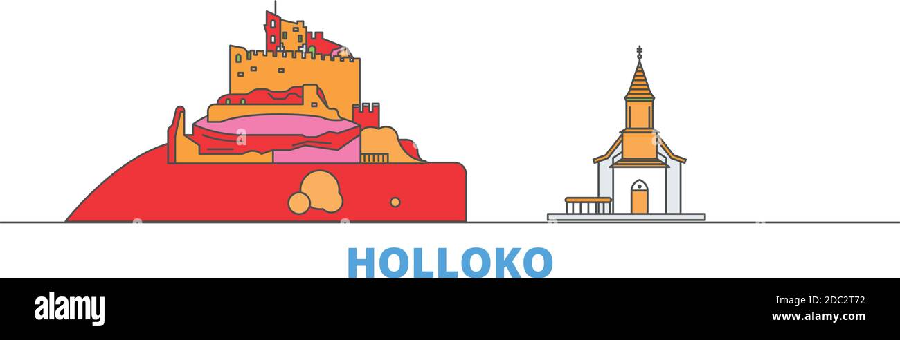 Hungary, Holloko, Old Village line cityscape, flat vector. Travel city landmark, oultine illustration, line world icons Stock Vector