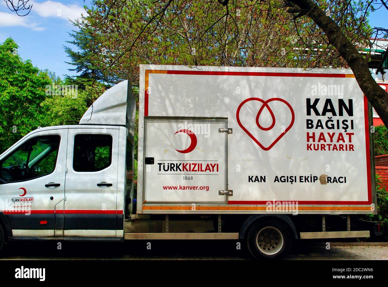 Ankara Turkey. May 2017. Turkish Red Crescent (Kizilay) blood donation team vehicle parked in METU university campus. Stock Photo