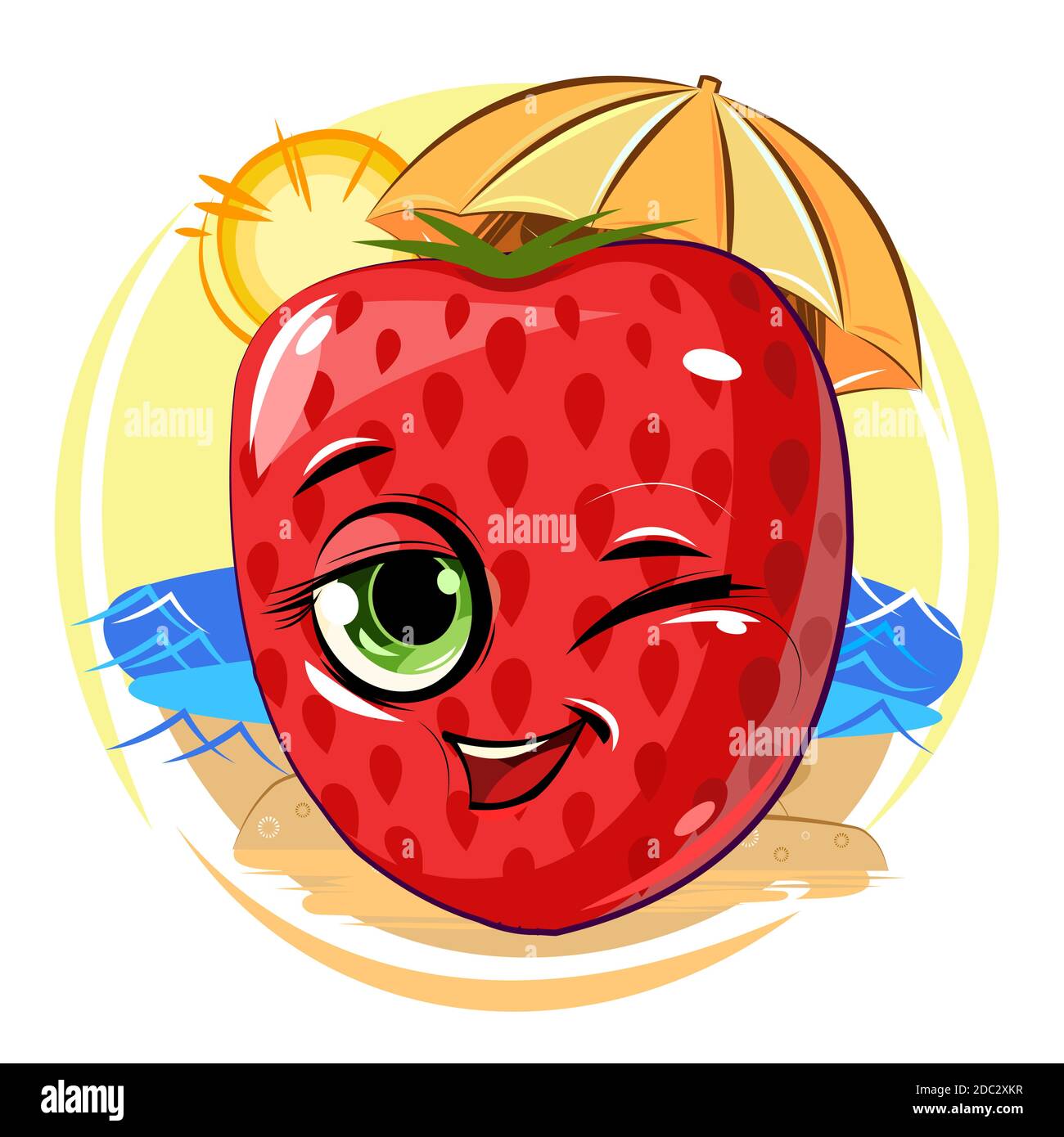 Strawberry cheerful smile. Winks. Relaxing on the beach in the sun. In the shade of an umbrella. Juicy red berry with a face. Cartoon style. Isolated on white background. Vector illustration. Stock Vector