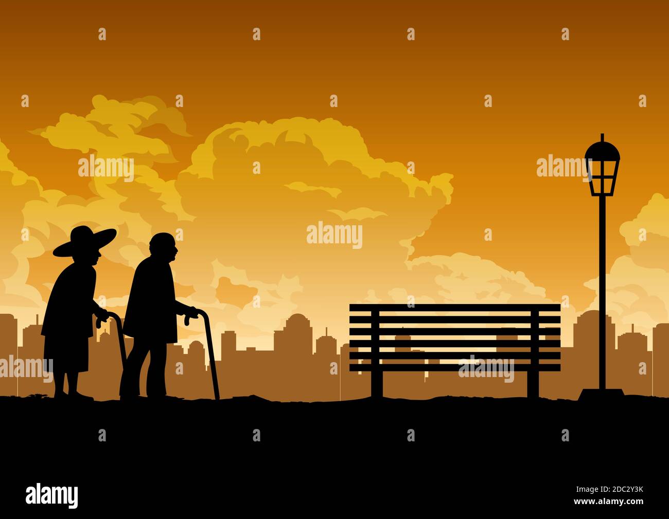 silhouette design of two old couple walk in the pak ,vector illustration Stock Vector