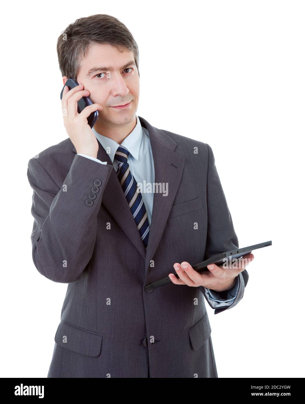 businessman using touch pad of tablet pc, on the phone, isolated Stock ...