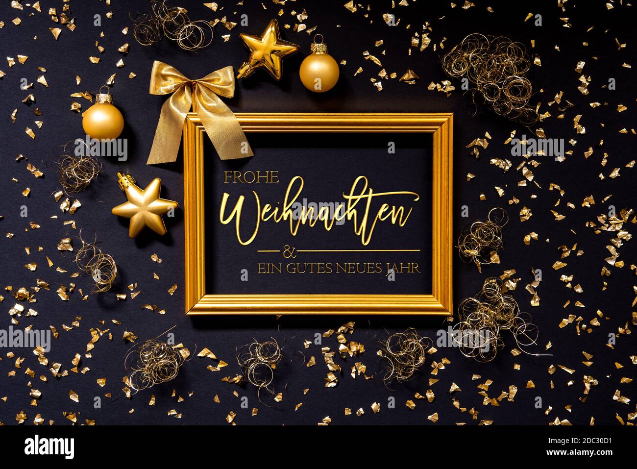 Frame With German Text Frohe Weihnachten Und Ein Gutes Neues Jahr Means Merry Christmas And A Happy New Year. Golden Christmas Decoration And Ornament Stock Photo