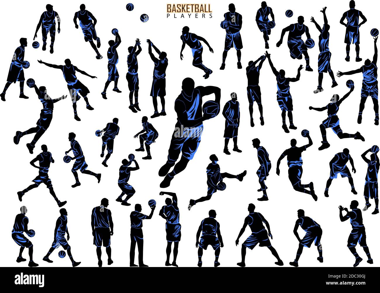 Detailed silhouettes Basketball players. Vector set of black silhouettes. Stock Vector