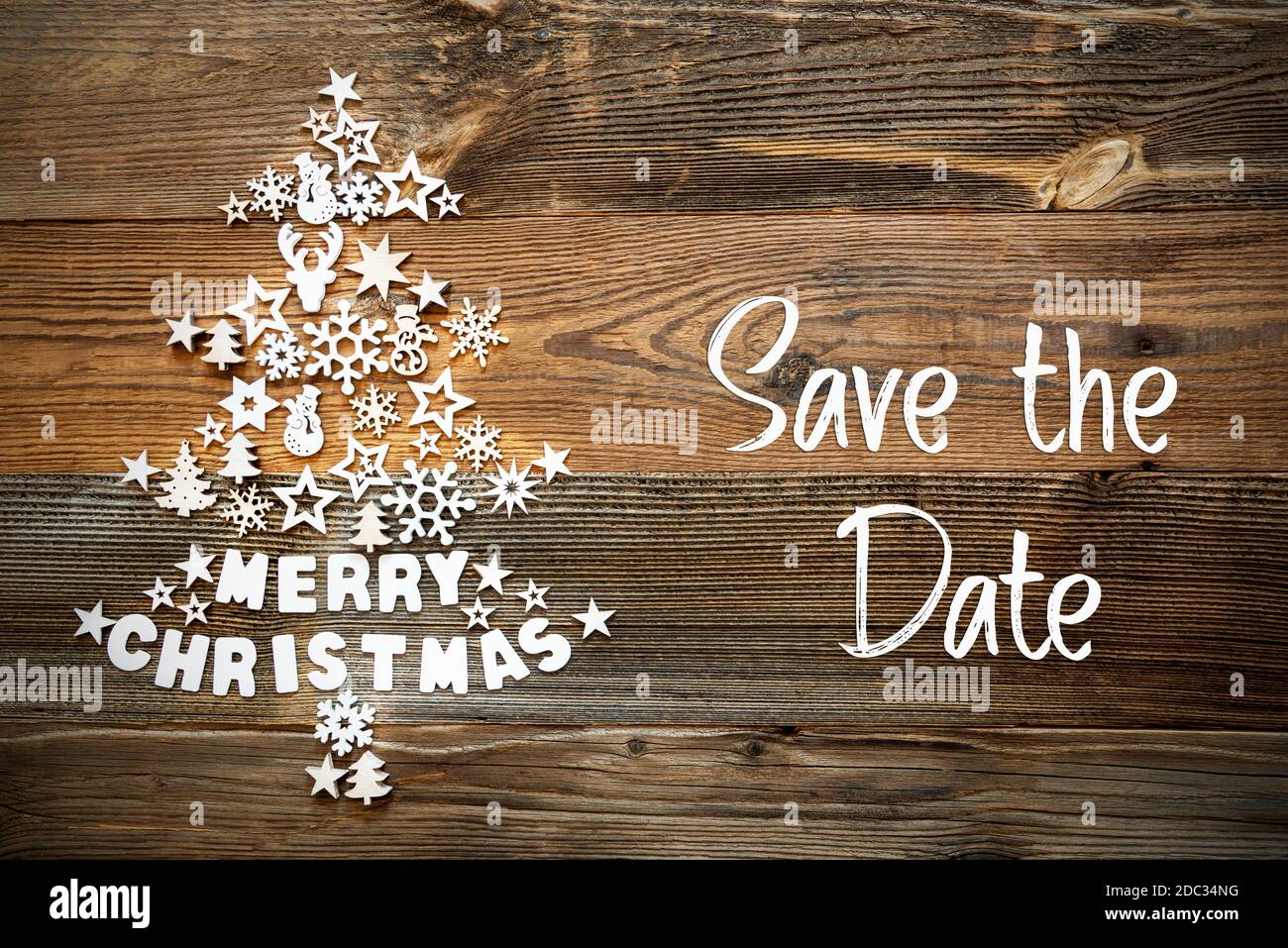 White Little Christmas Decoration Items Building Christmas Tree Including  Word Merry Christmas. English Text Save The Date. Brown Rustic Wooden  Backgr Stock Photo - Alamy