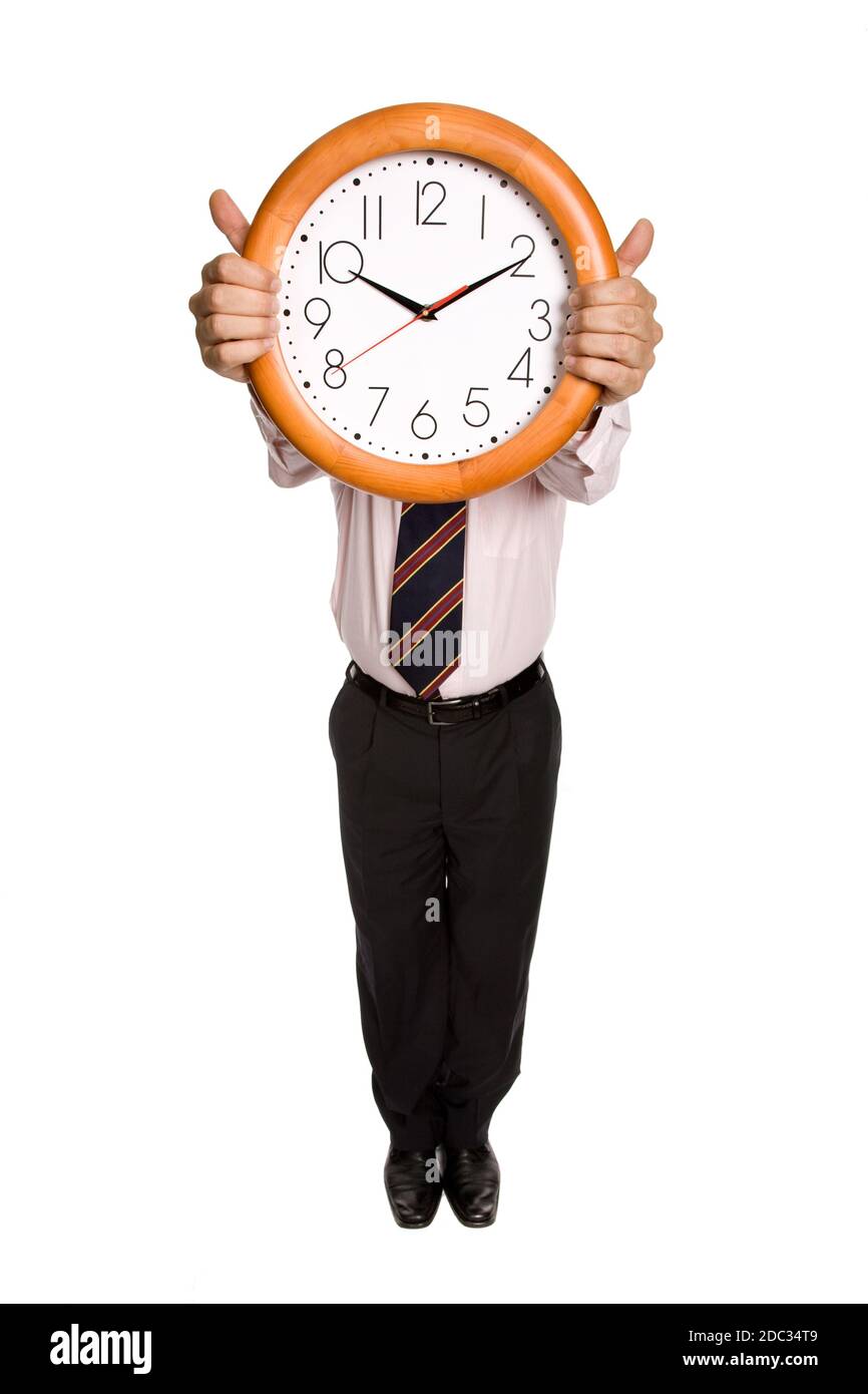 full body man wearing suit holding clock in the head Stock Photo - Alamy