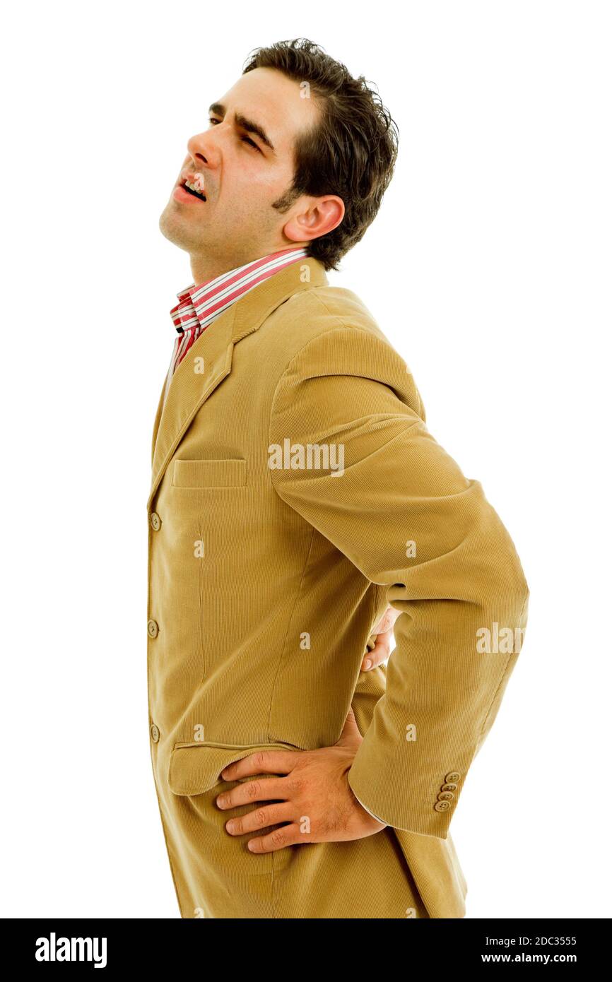 young man suffering from back pain, isolated on white Stock Photo