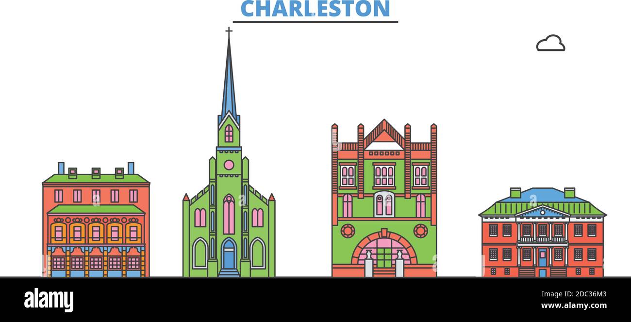 United States, Charleston line cityscape, flat vector. Travel city landmark, oultine illustration, line world icons Stock Vector