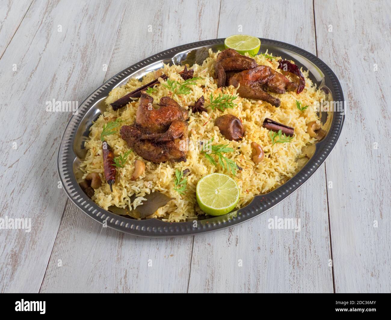 Arabic Dishes, Eid Recipes. Yemenis style. Festive dish with baked chicken and rice. Top view