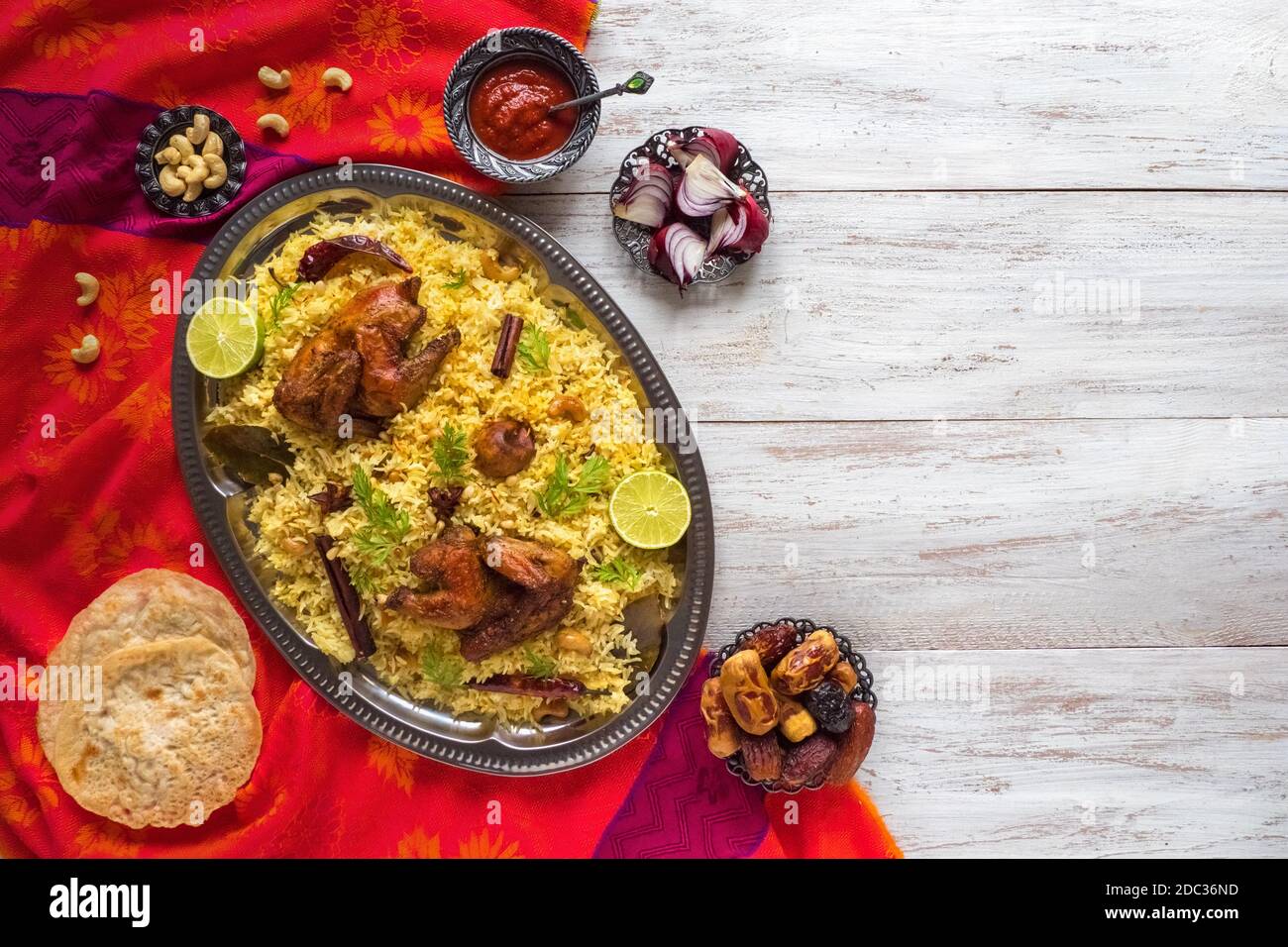 Homemade Chicken Biryani Arabic Traditional Food Bowls Kabsa With Meat Top View Stock Photo Alamy