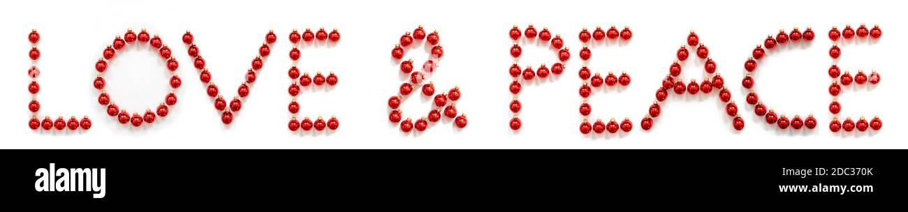 Red Christmas Ball Ornament Building English Word Love And Peace Festive Christmas Decoration White Isolated Background Stock Photo Alamy