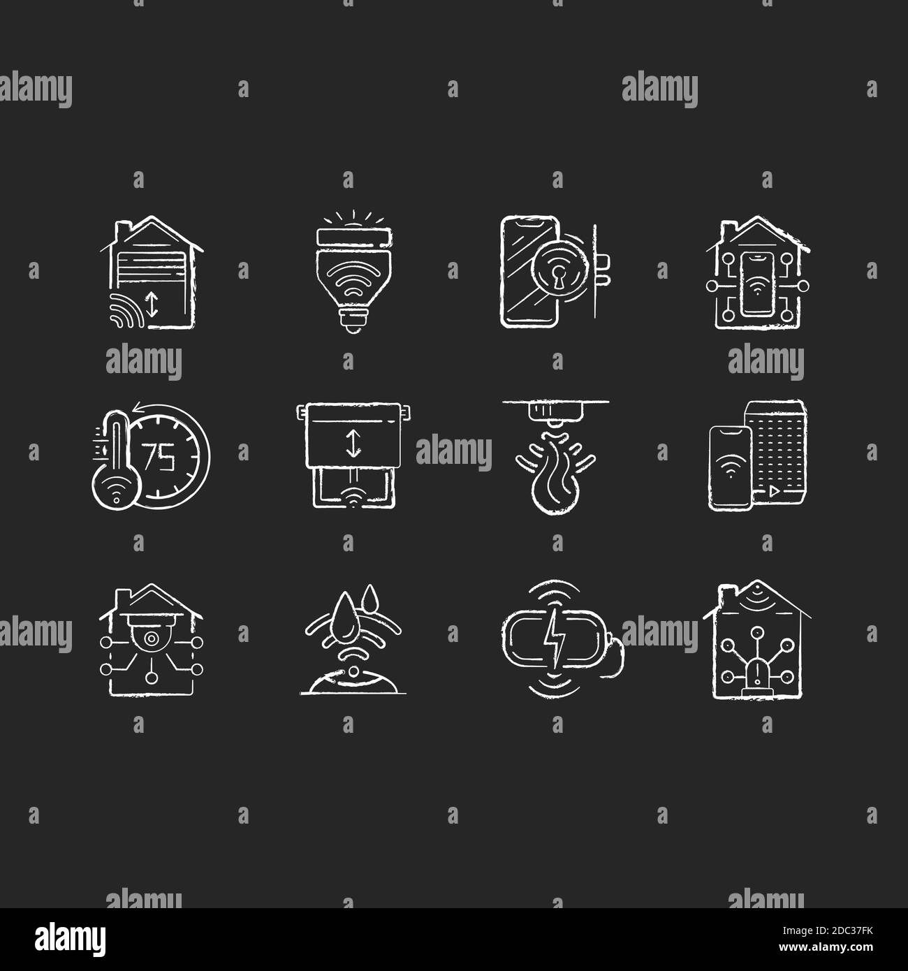 Smart house chalk white icons set on black background Stock Vector ...