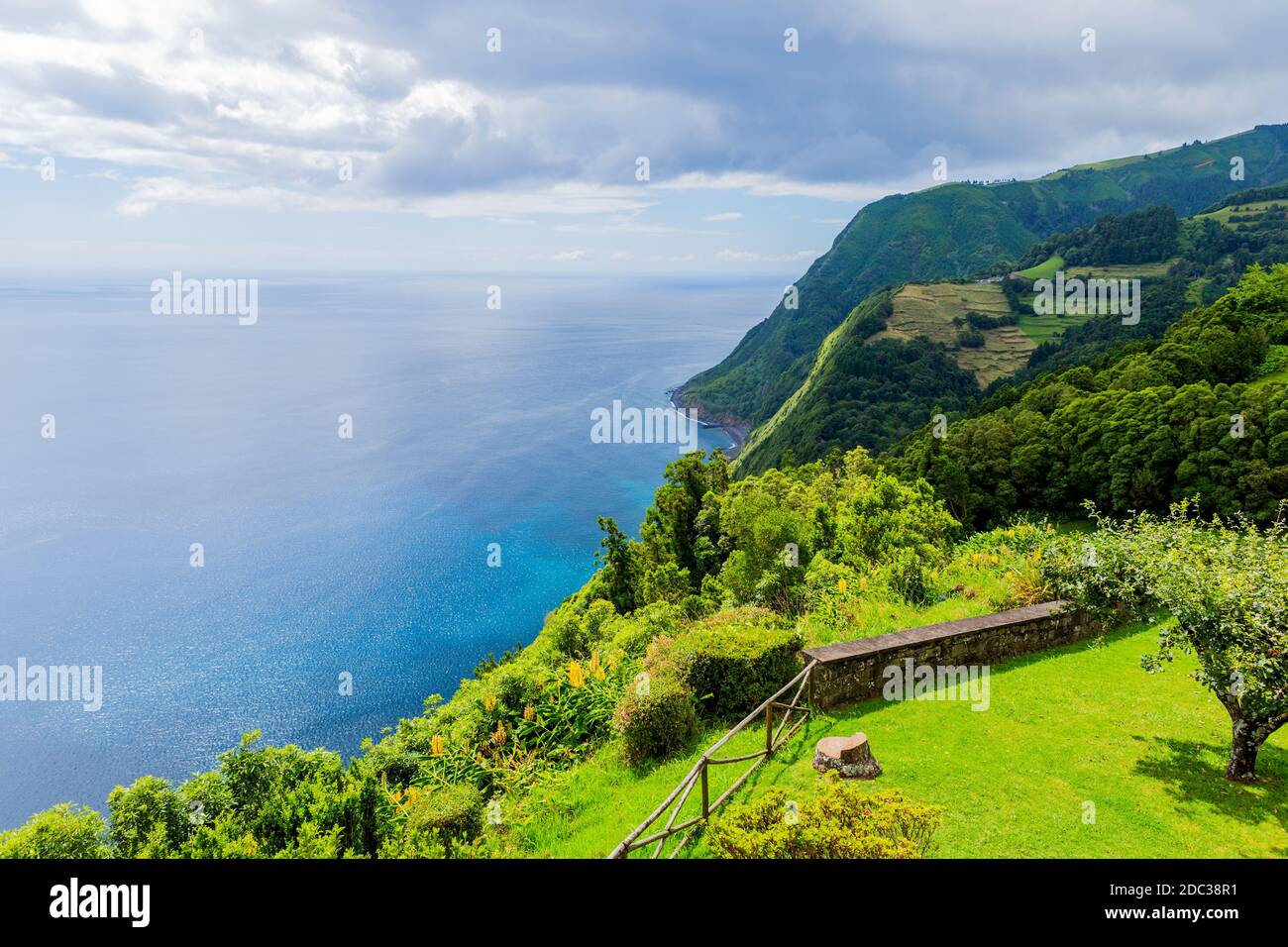 Northeast of the island of Sao Miguel in the Azores. Viewpoint of Ponta do Sossego. Amazingly point of interest in a major destination of Portugal. Stock Photo