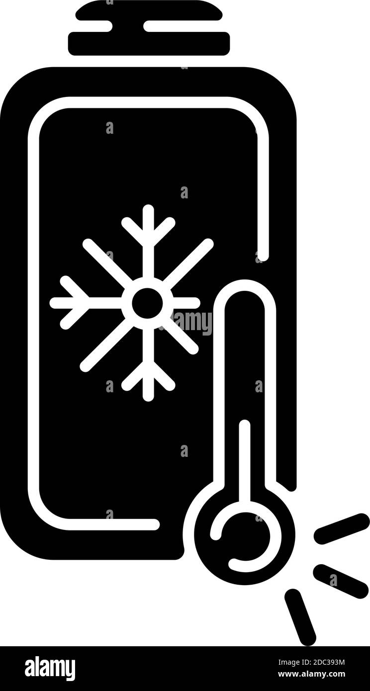 Battery charging undercooling problem black glyph icon Stock Vector