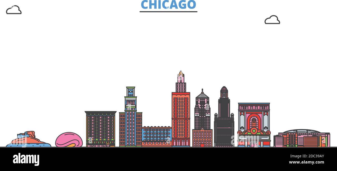 United States, Chicago line cityscape, flat vector. Travel city landmark, oultine illustration, line world icons Stock Vector