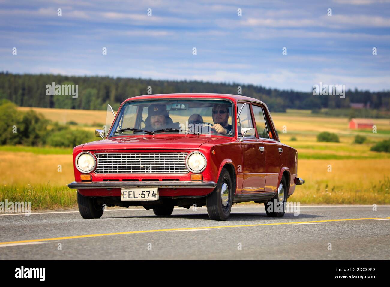 Driving red Lada 1200 on Maisemaruise 2019 car cruise. Lada 1200 was manufactured by the Russian AvtoVAZ in 1970-88. Vaulammi, Finland. Aug 3, 2019. Stock Photo