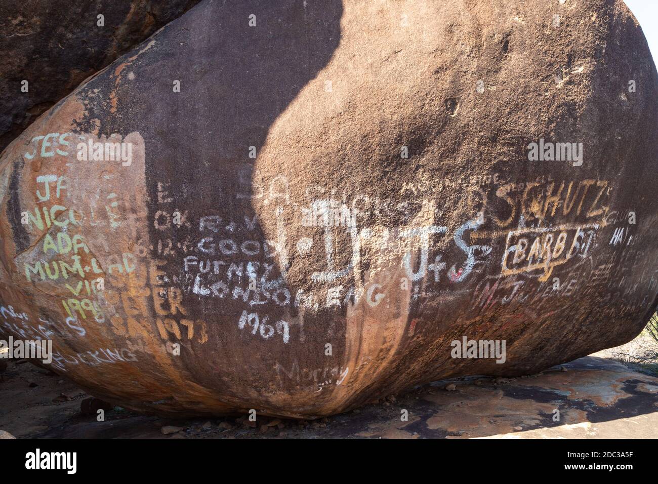 written names on a rock at the Dundas Rock between Norseman and Esperance in Western Australia Stock Photo