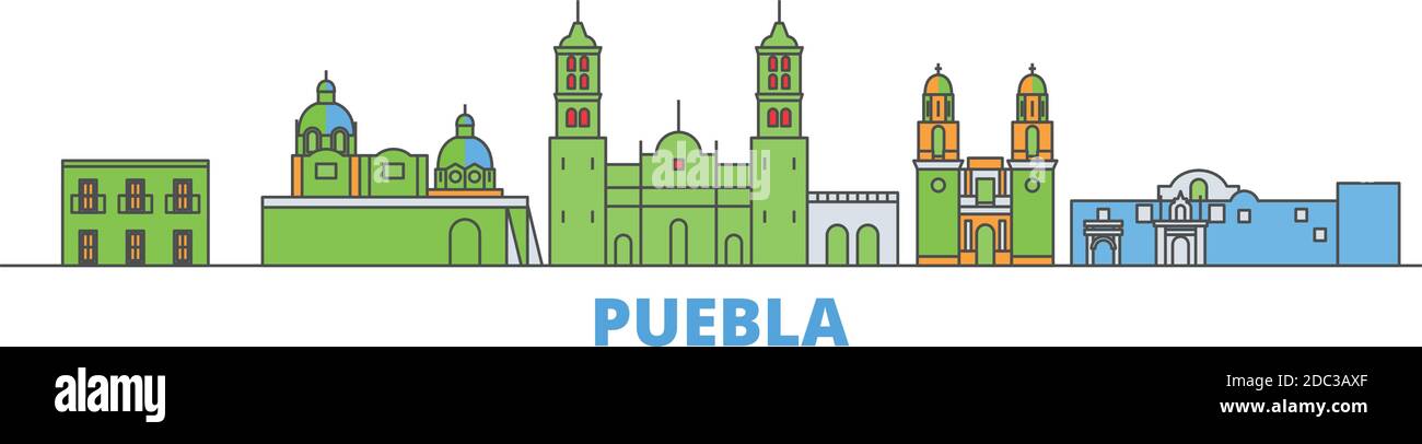 Mexico, Puebla line cityscape, flat vector. Travel city landmark ...