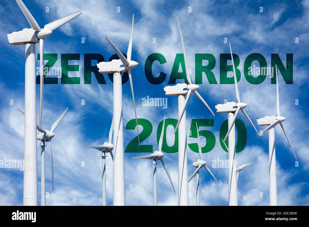 Wind turbines, Zero Carbon 2050 concept. Renewable, clean, green energy... Stock Photo