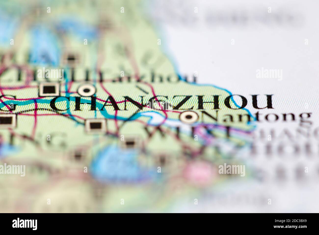 Shallow depth of field focus on geographical map location of Changzhou China Asia continent on atlas Stock Photo