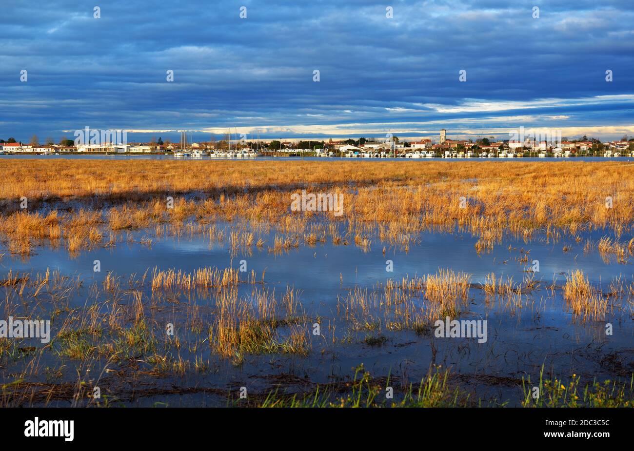 View from sea at picturesque village in Vendee department, France, close to La Tranche sur Mer. Dramatic sky and beautiful sunset warm light. Stock Photo
