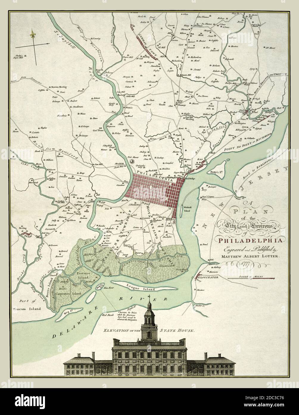 Philadelphia 1777 Map with Independence Hall and Nearby Region. Stock Photo