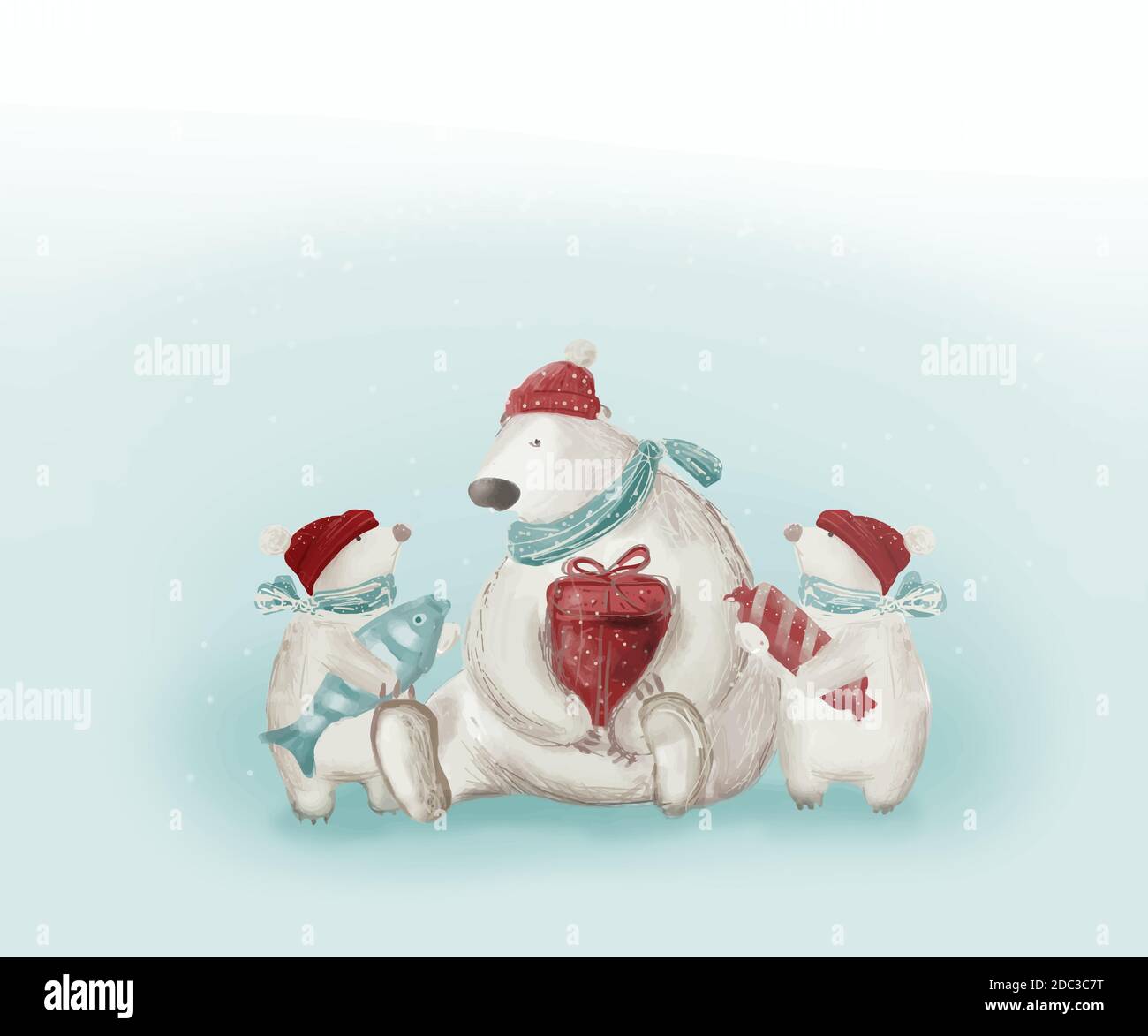 Christmas card. Polar bear with cubs. Funny animals in hats and scarves. Stock Vector