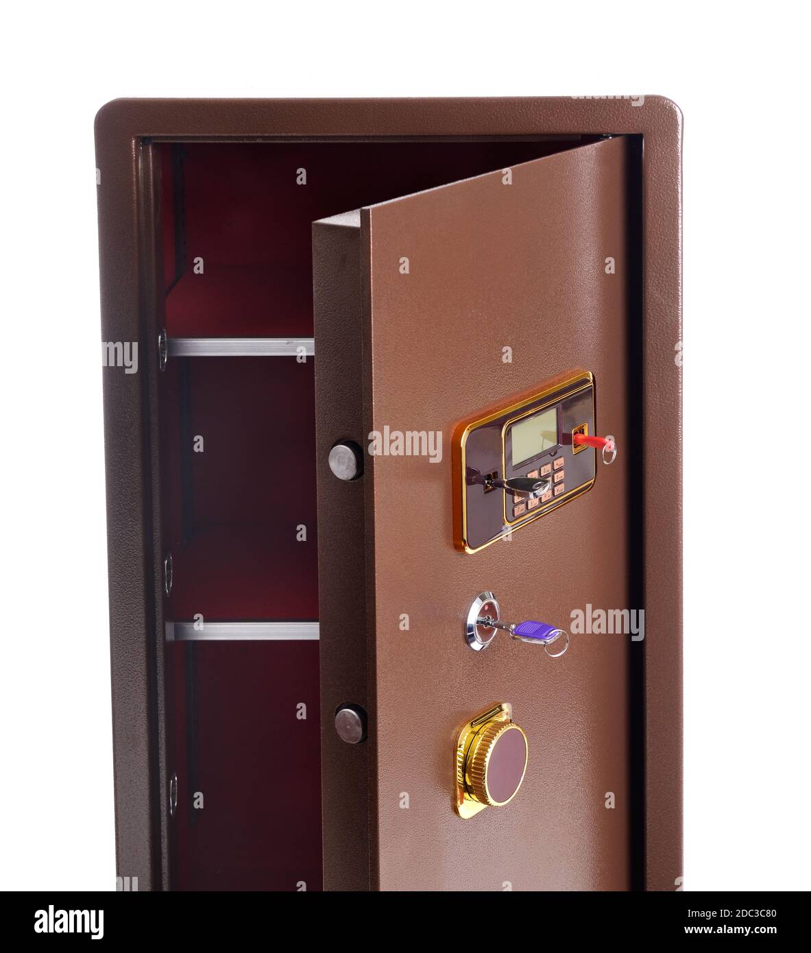 Big Metal Brown Safe Box With Dual Key And Pin Code Protection The Door Is Partially Open And Interior Is Visible There Is Nothing On Shelves The Stock Photo Alamy
