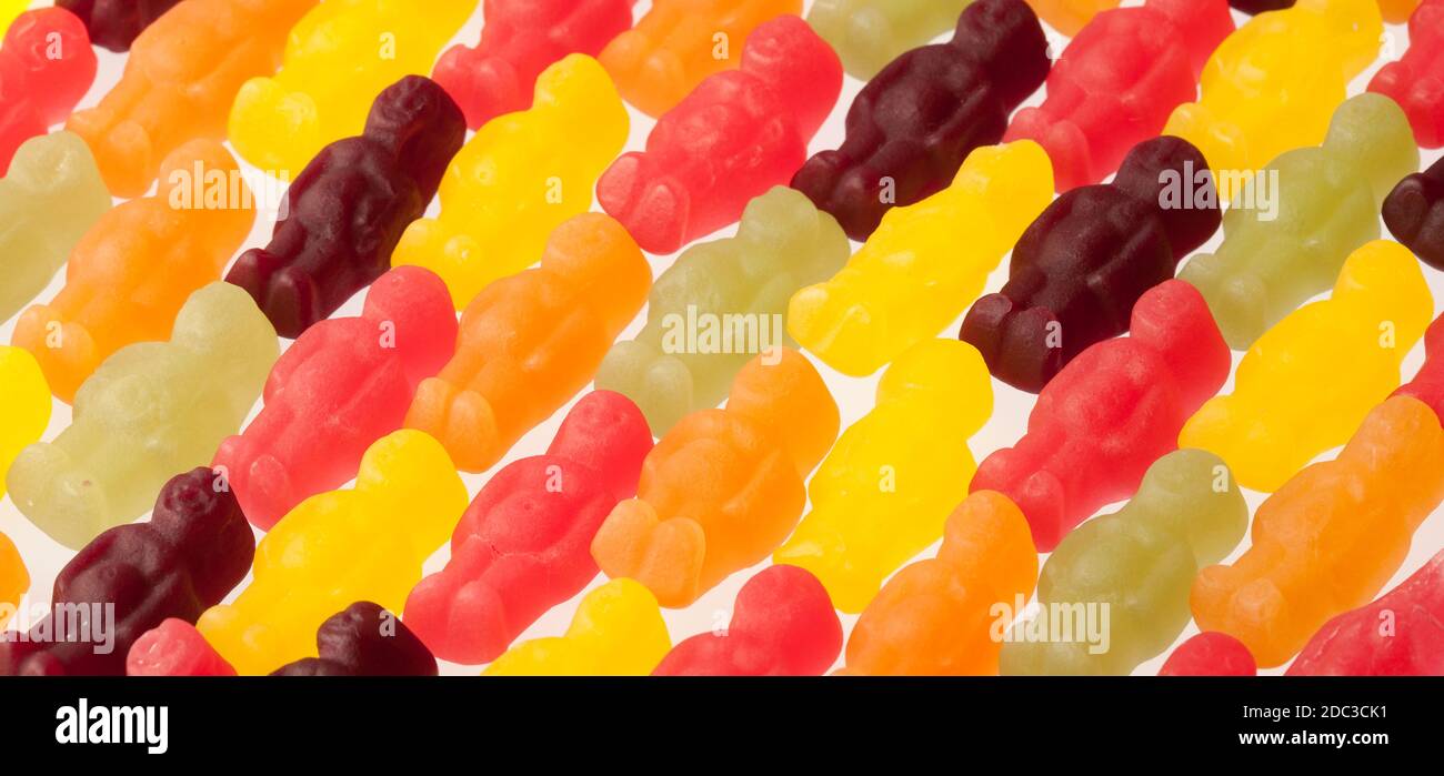 Jelly Babies sweets in yellow red black orange green Stock Photo Alamy