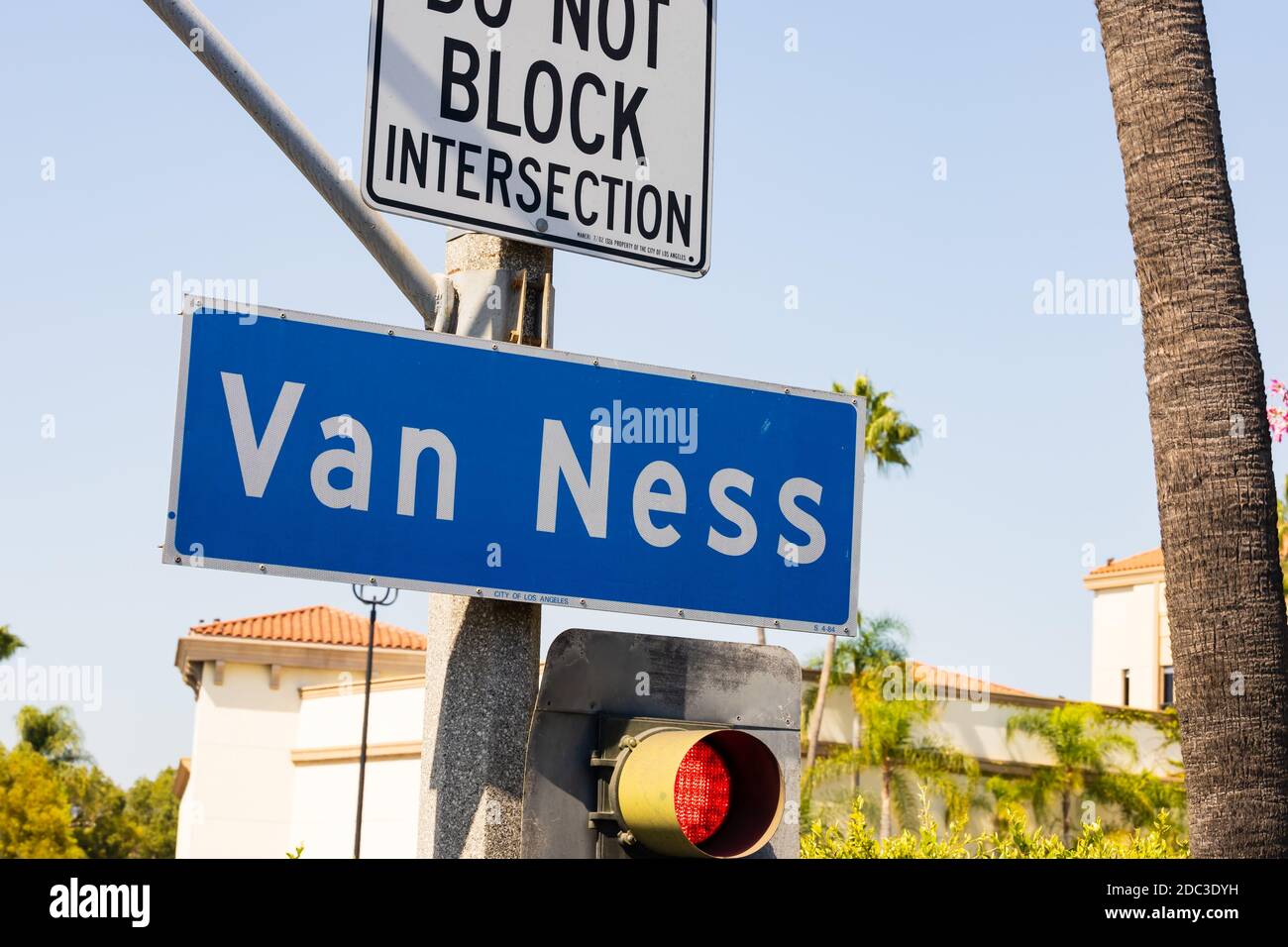Van Ness Avenue and Santa Monica Boulevard intersection signs with palm tree, Los Angeles, California, USA. Stock Photo