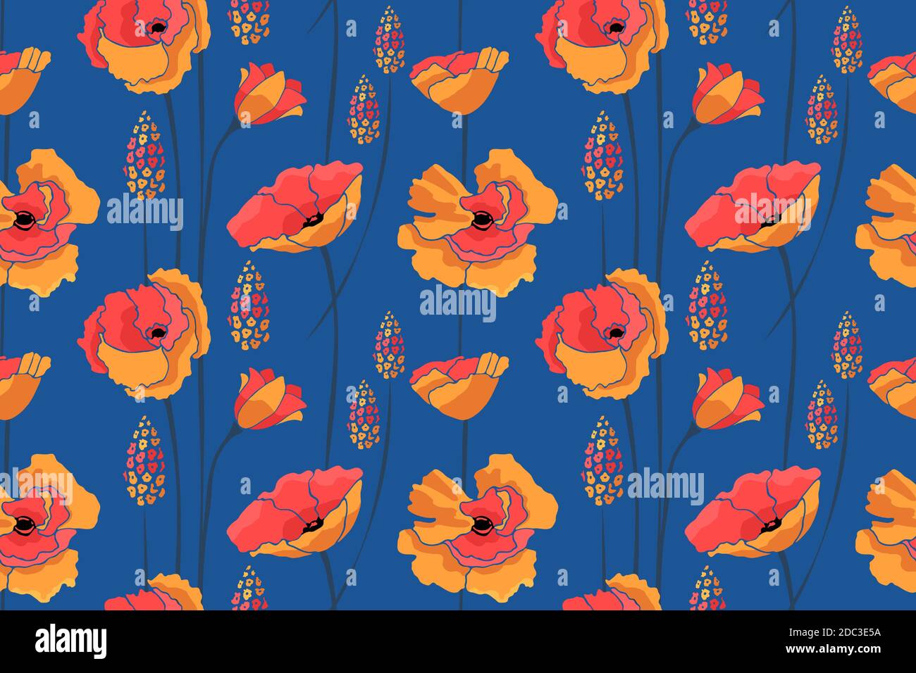 Art floral vector seamless pattern. Red, yellow flowers. Stock Vector