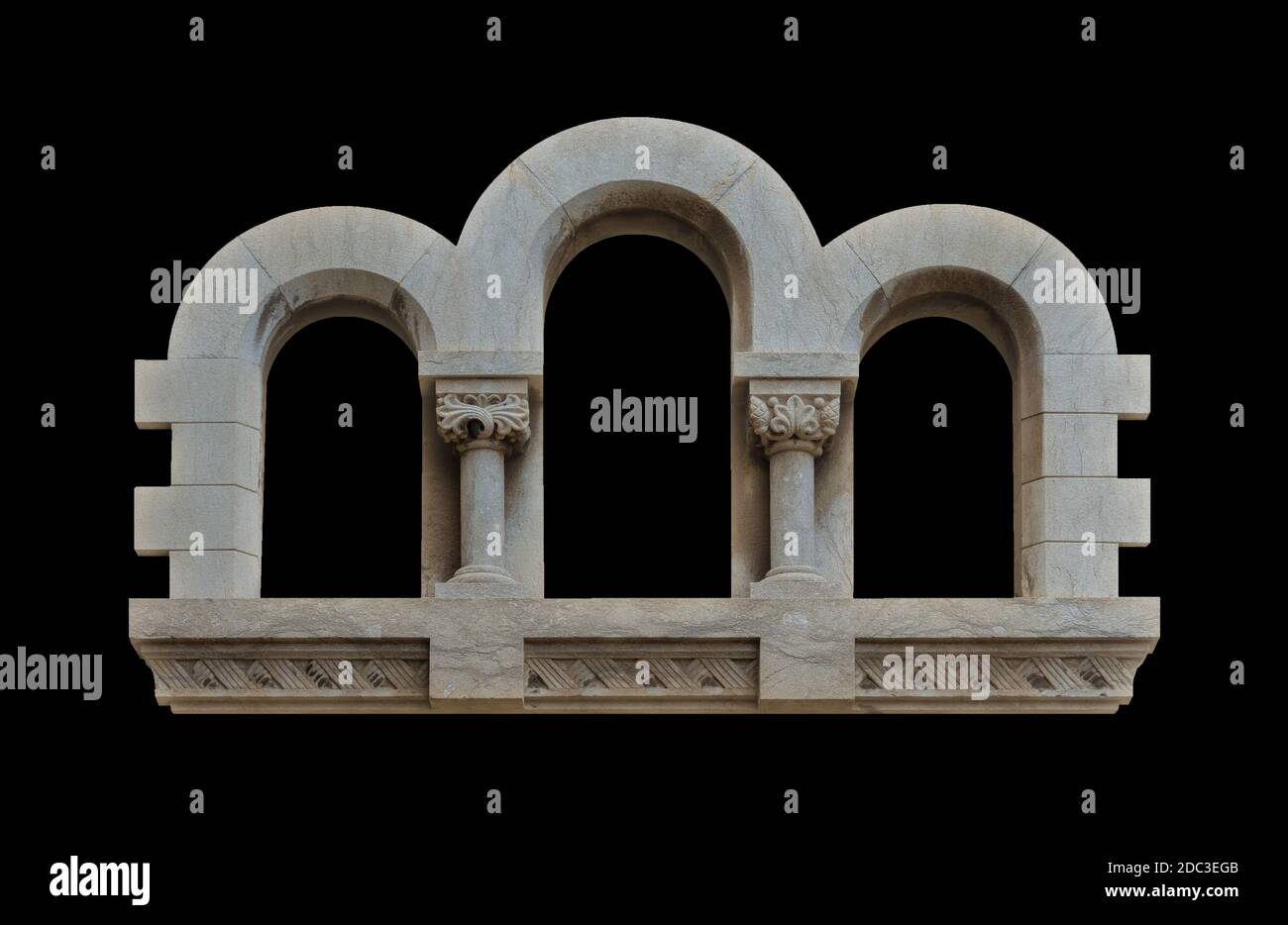 On the streets in Catalonia, public places. Elements of architectural decorations of buildings, doorways and arches, plaster moldings and patterns. Stock Photo