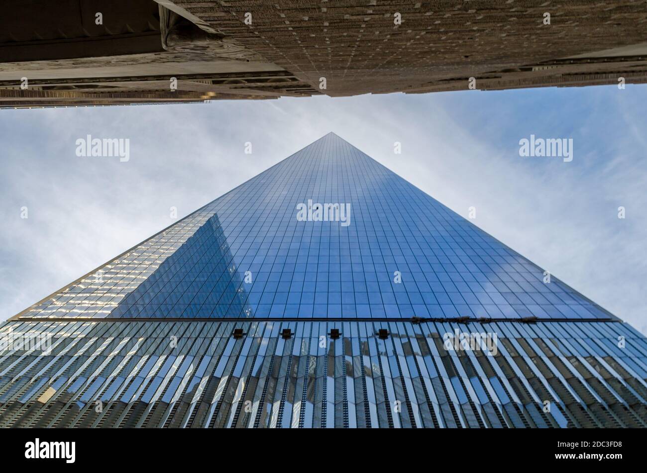 Low Angle View of Freedom Tower. One World Trade Center in Lower Manhattan on a Sunny Day. The Tallest Skyscraper in NYC. New York City, USA Stock Photo