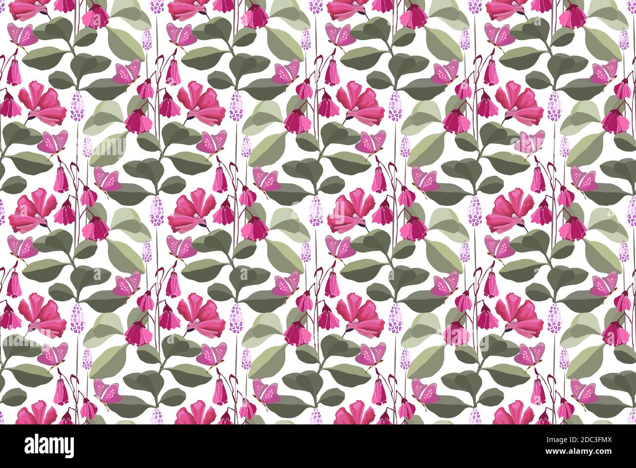 Vector floral seamless pattern with pink butterflies, pink and purple flowers. Stock Vector