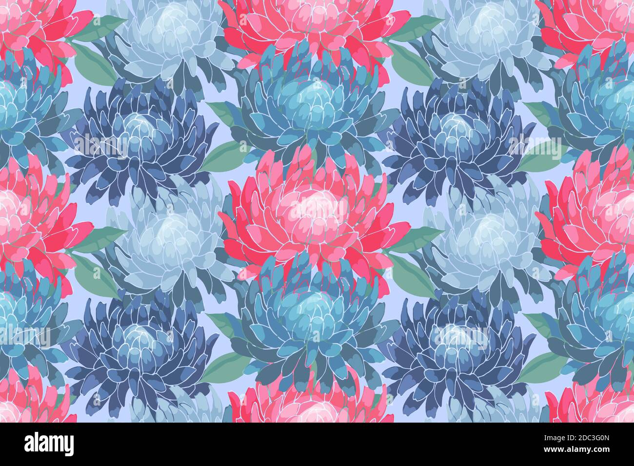 Art floral vector seamless pattern. Pink, blue asters, chrysanthemums.  Stock Vector