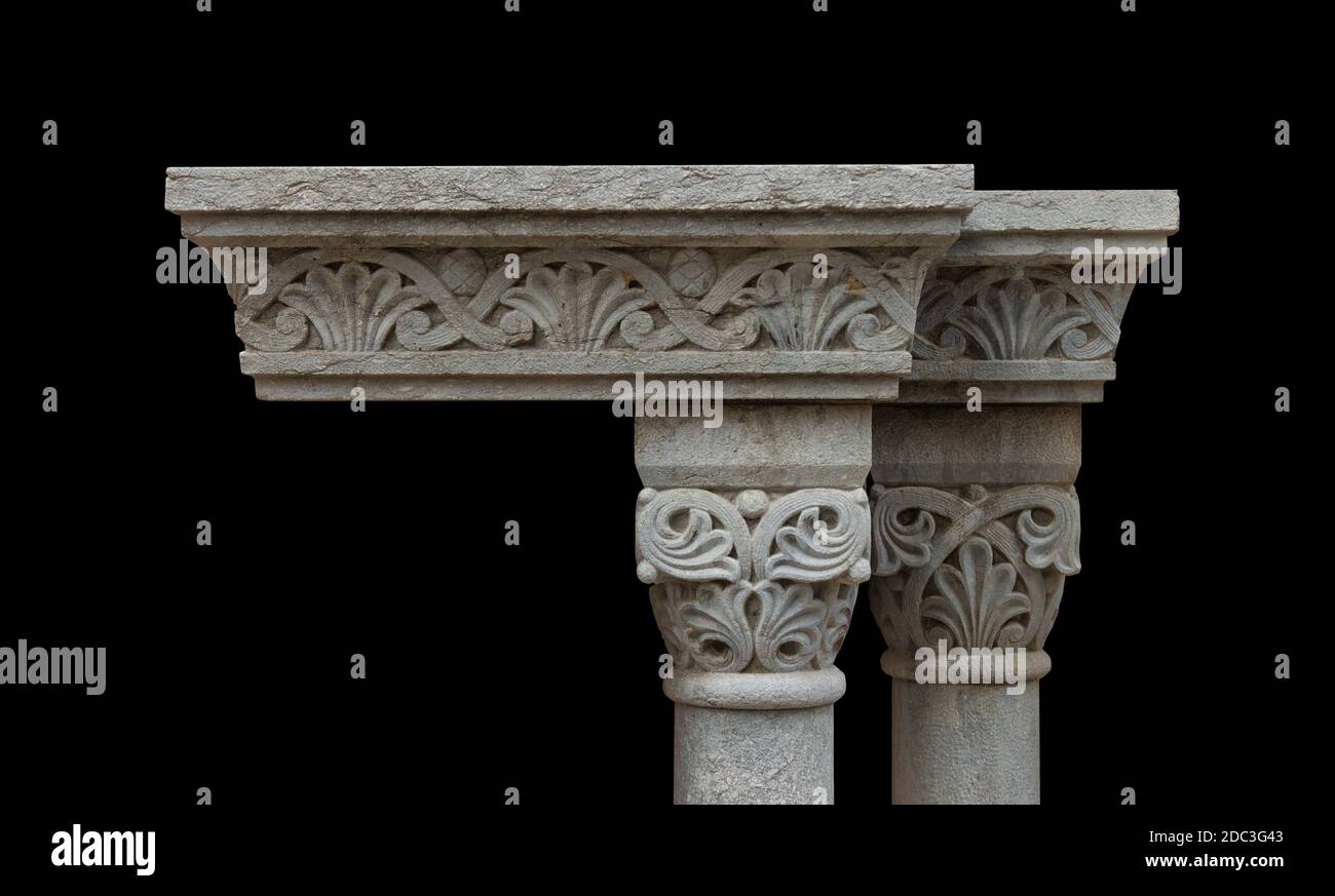 Elements of architectural decorations of buildings, columns and tops ...